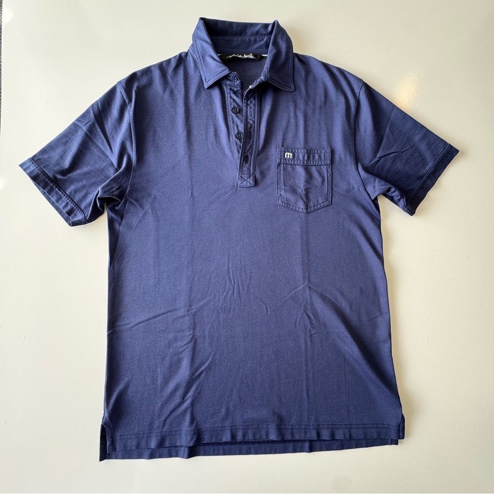 Travis Mathew Navy Blue Polo Pima Cotton Blend Mens MEDIUM Chest Pocket